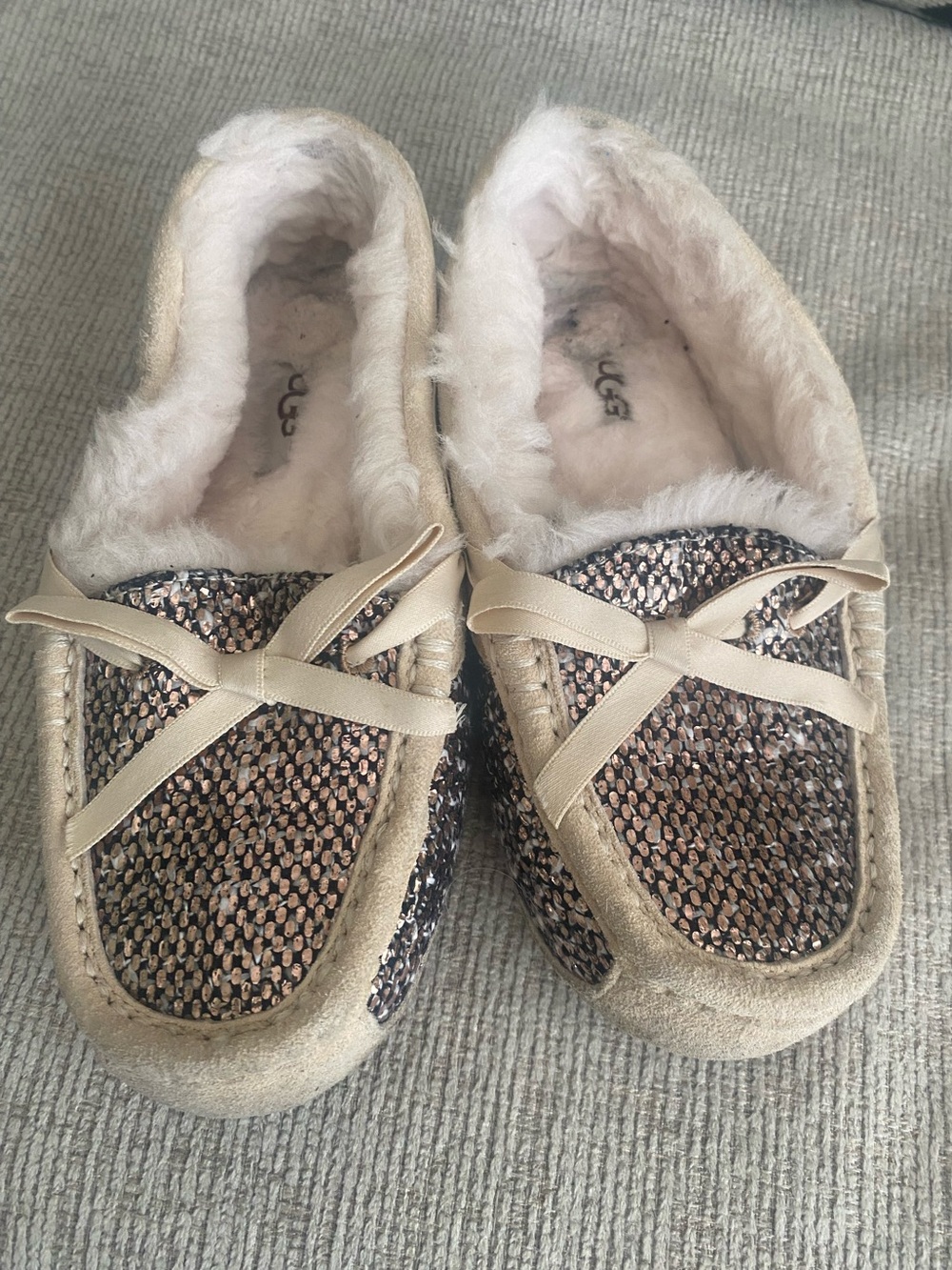 UGG  Sequin Moccasin Slippers in Gold and Cream